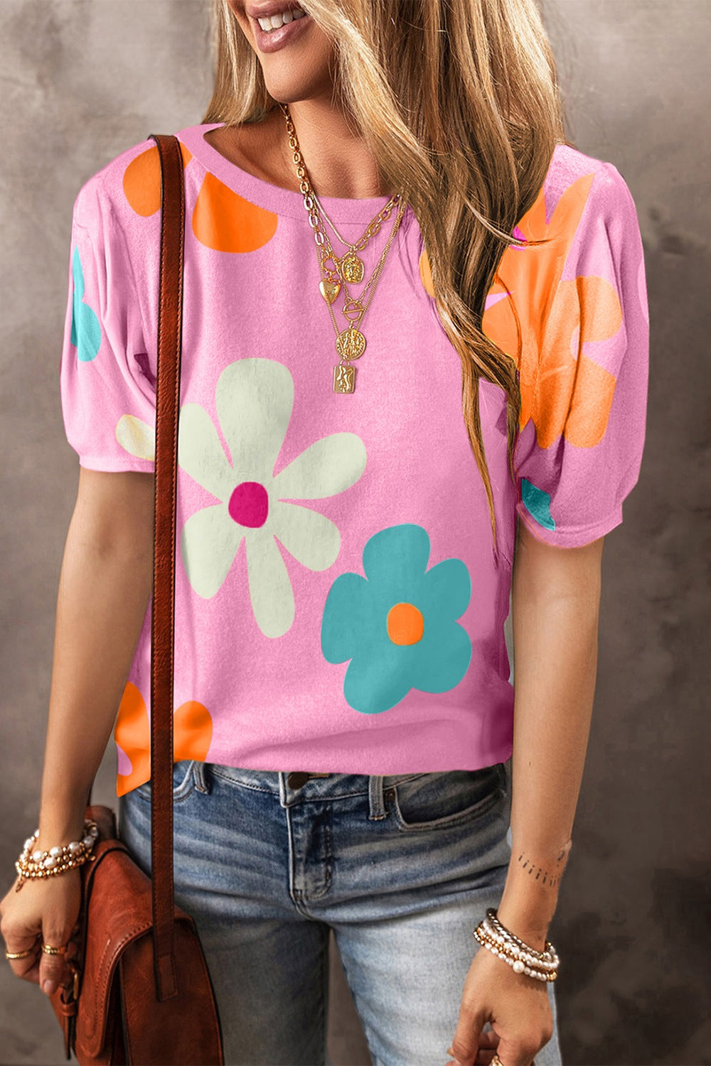 Flower Round Neck Short Sleeve Blouse Flower Round Neck Short Sleeve Blouse